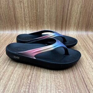 OOFOS OOlala Luxe Recovery Sandals Horizon Pink Blue Women Size 7 Flip Flops